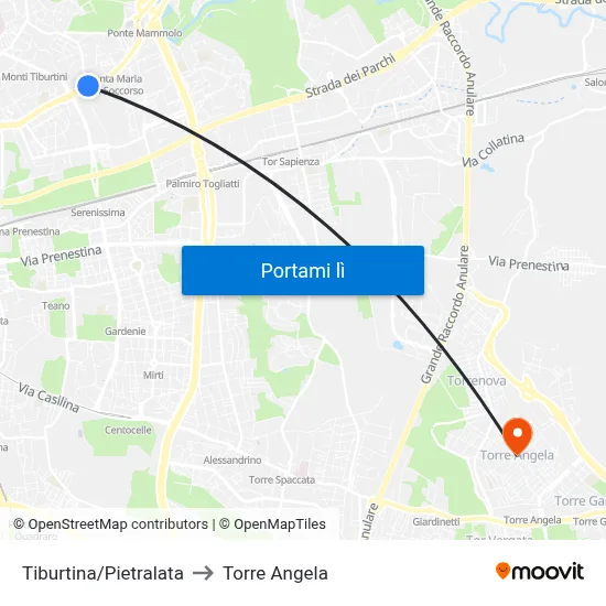Tiburtina/Pietralata to Torre Angela map