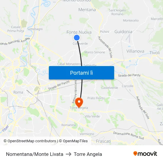 Nomentana/Monte Livata to Torre Angela map