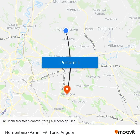 Nomentana/Parini to Torre Angela map