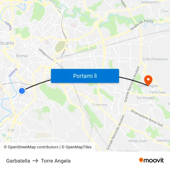 Garbatella to Torre Angela map