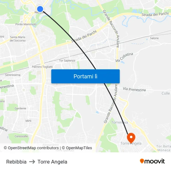 Rebibbia to Torre Angela map