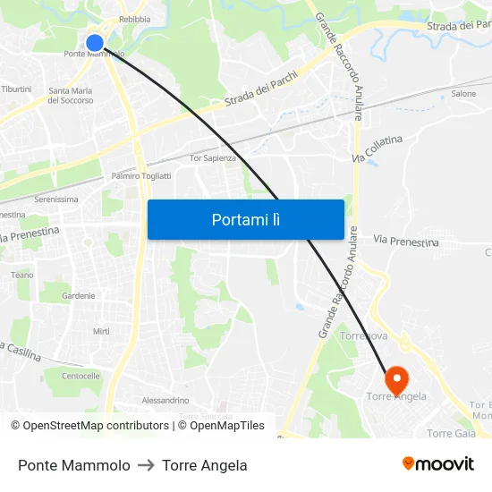 Ponte Mammolo to Torre Angela map