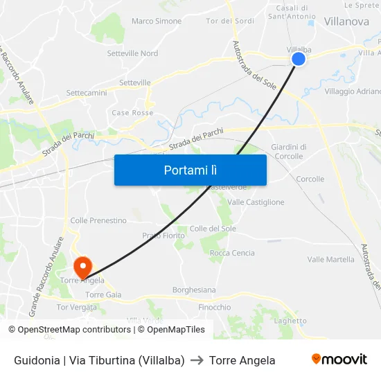 Guidonia | Via Tiburtina (Villalba) to Torre Angela map