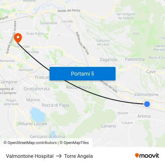 Valmontone Hospital to Torre Angela map