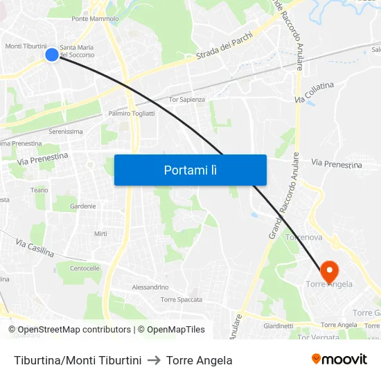 Tiburtina/Monti Tiburtini to Torre Angela map