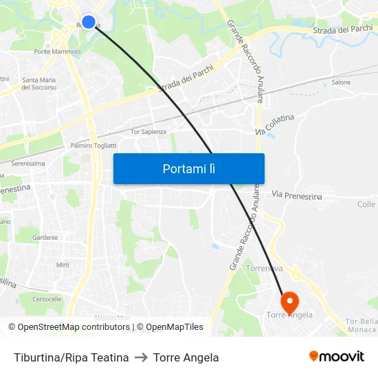 Tiburtina/Ripa Teatina to Torre Angela map