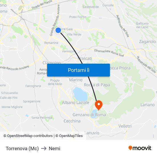 Torrenova (Mc) to Nemi map