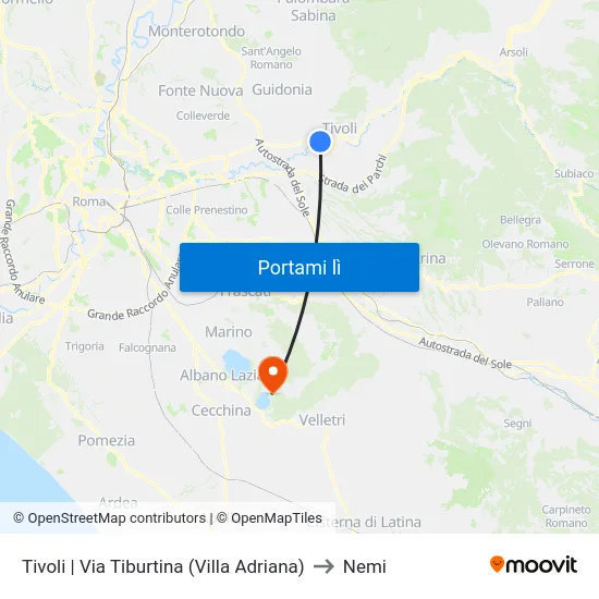 Tivoli | Via Tiburtina (Villa Adriana) to Nemi map