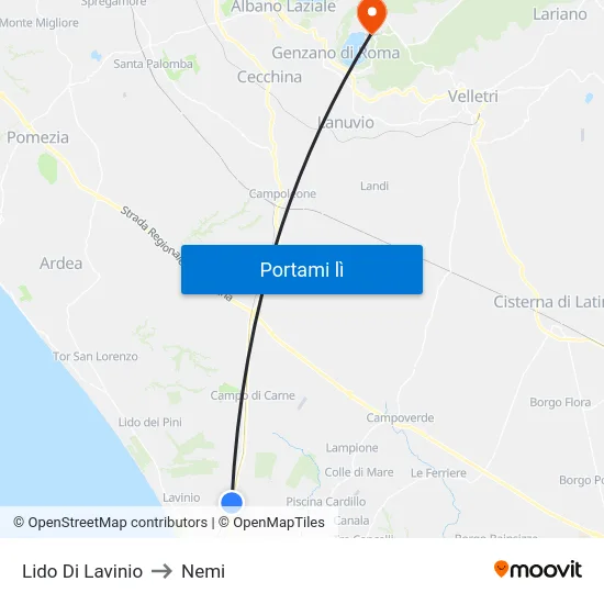 Lido Di Lavinio to Nemi map