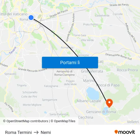 Roma Termini to Nemi map