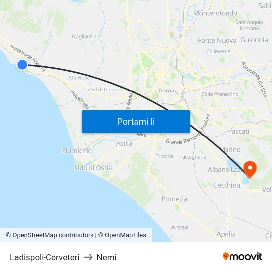 Ladispoli-Cerveteri to Nemi map