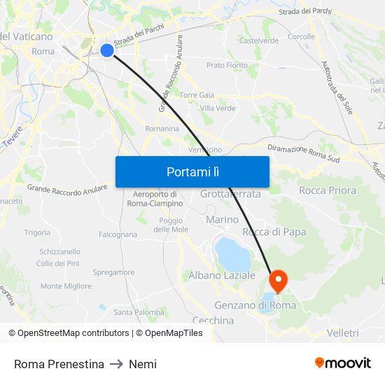 Roma Prenestina to Nemi map