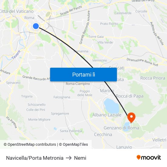 Navicella/Porta Metronia to Nemi map