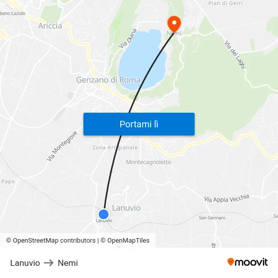 Lanuvio to Nemi map