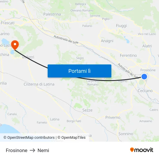 Frosinone to Nemi map