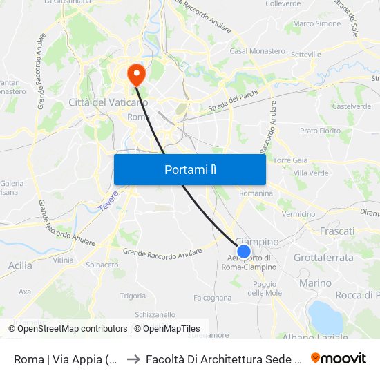 Roma | Via Appia (Aeroporto Ciampino) to Facoltà Di Architettura Sede Di Via A. Gramsci “Valle Giulia” map