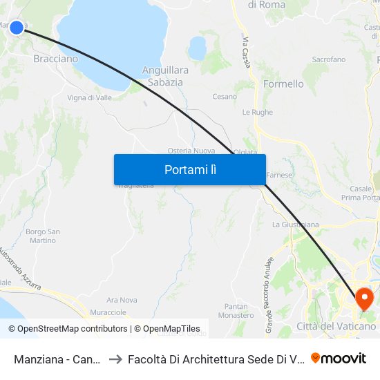 Manziana - Canale Monterano to Facoltà Di Architettura Sede Di Via A. Gramsci “Valle Giulia” map