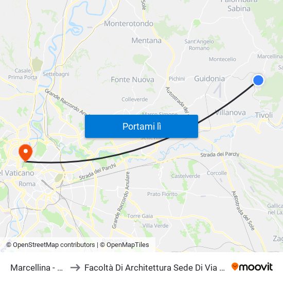 Marcellina - Palombara to Facoltà Di Architettura Sede Di Via A. Gramsci “Valle Giulia” map