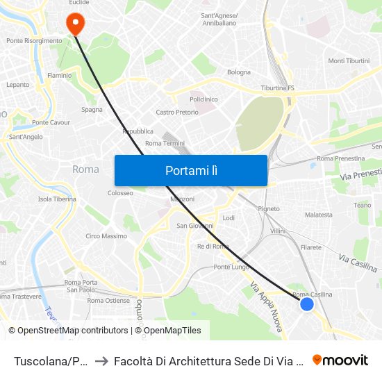 Tuscolana/Porta Furba to Facoltà Di Architettura Sede Di Via A. Gramsci “Valle Giulia” map