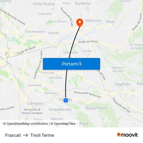 Frascati to Tivoli Terme map