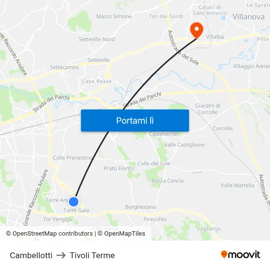 Cambellotti to Tivoli Terme map