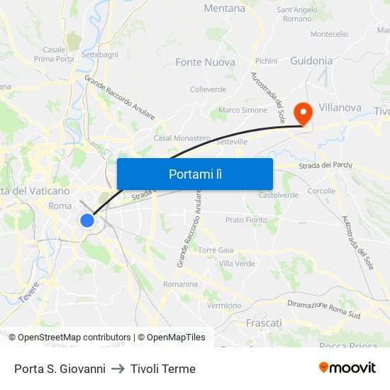 Porta S. Giovanni to Tivoli Terme map