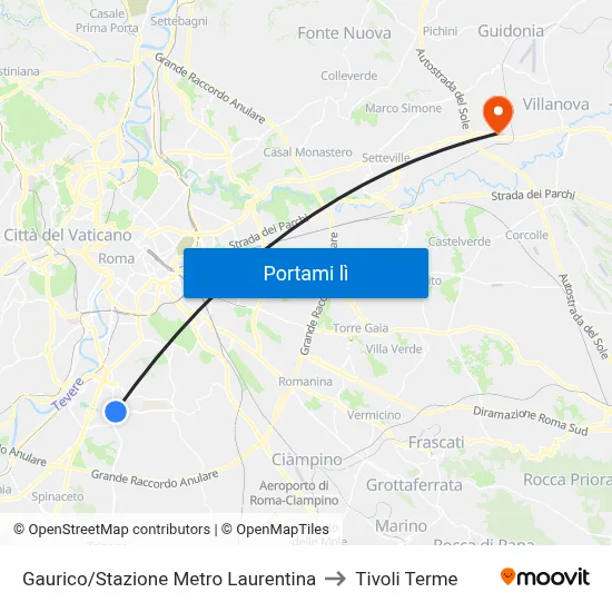 Gaurico/Stazione Metro Laurentina to Tivoli Terme map