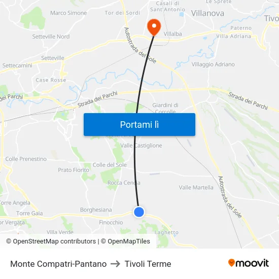 Monte Compatri-Pantano to Tivoli Terme map