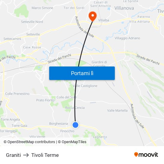 Graniti to Tivoli Terme map