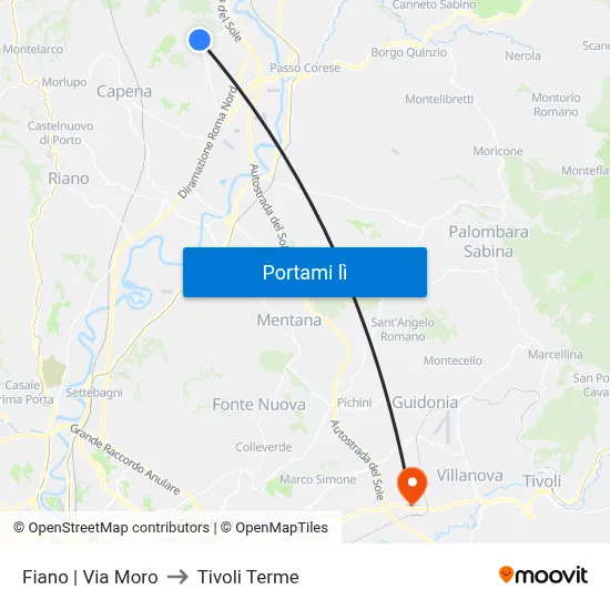 Fiano | Via Moro to Tivoli Terme map