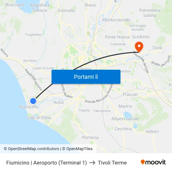 Fiumicino | Aeroporto (Terminal 1) to Tivoli Terme map