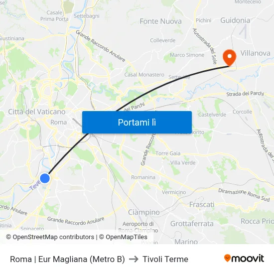 Roma | Eur Magliana (Metro B) to Tivoli Terme map