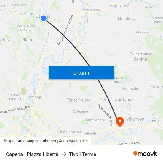 Capena | Piazza Libertà to Tivoli Terme map