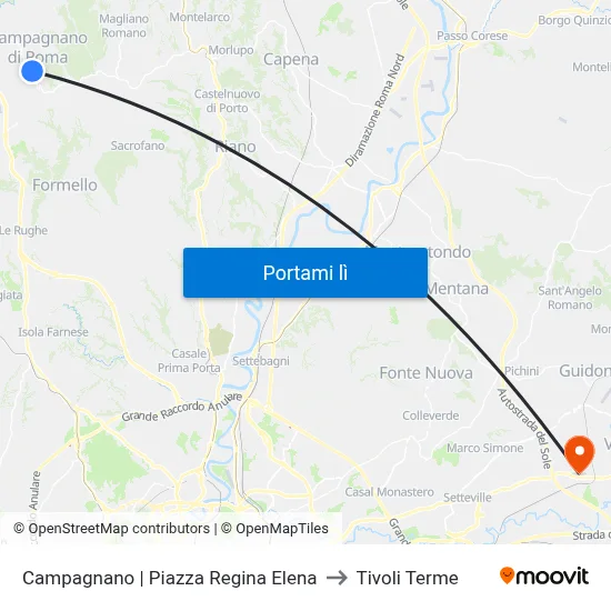 Campagnano | Piazza Regina Elena to Tivoli Terme map