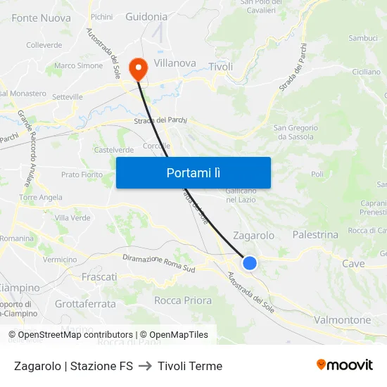 Zagarolo | Stazione FS to Tivoli Terme map