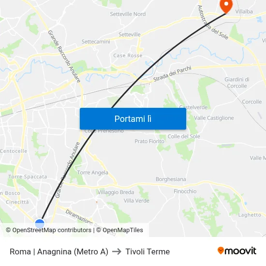 Roma | Anagnina (Metro A) to Tivoli Terme map