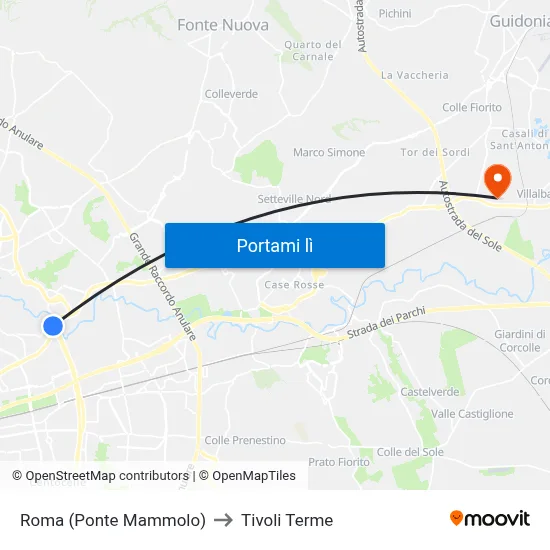 Roma (Ponte Mammolo) to Tivoli Terme map