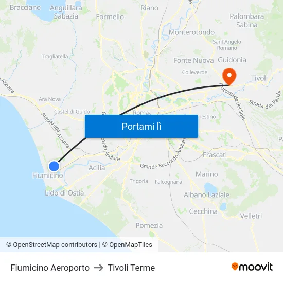 Fiumicino Aeroporto to Tivoli Terme map