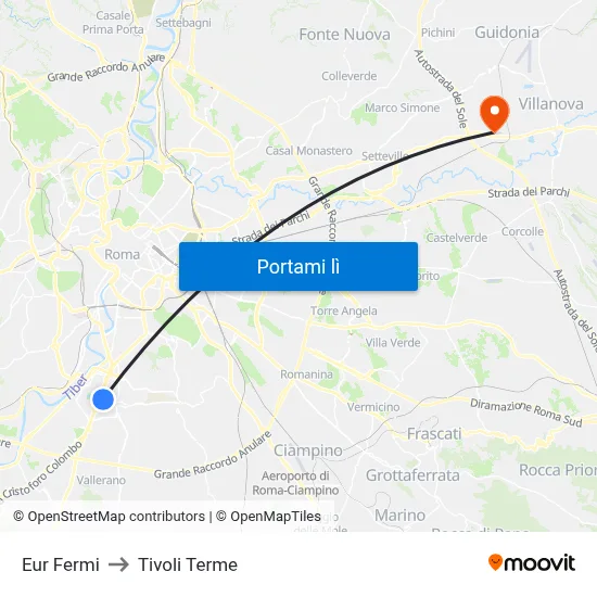 Eur Fermi to Tivoli Terme map