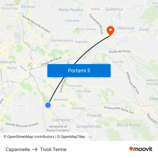 Capannelle to Tivoli Terme map