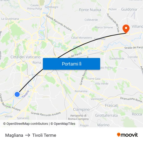 Magliana to Tivoli Terme map