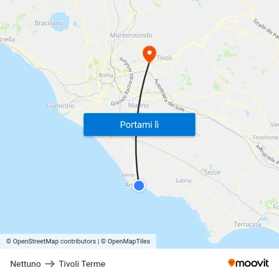 Nettuno to Tivoli Terme map