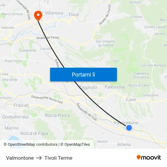 Valmontone to Tivoli Terme map