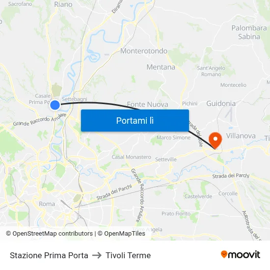 Stazione Prima Porta to Tivoli Terme map