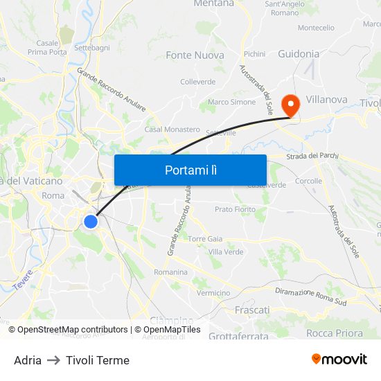 Adria to Tivoli Terme map