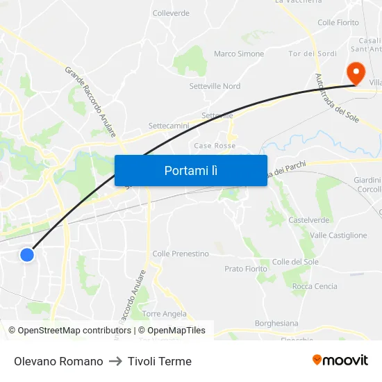 Olevano Romano to Tivoli Terme map