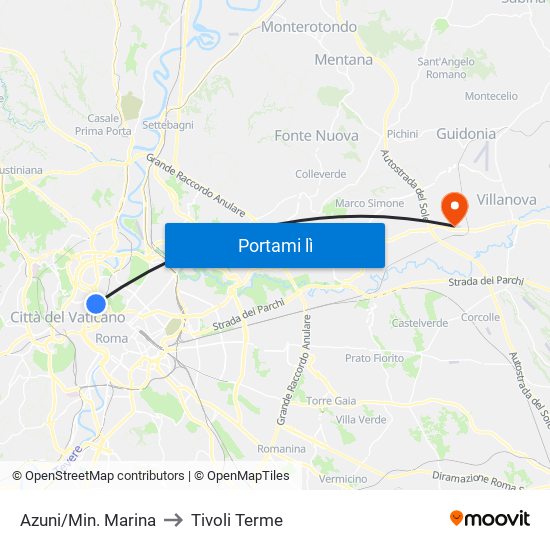 Azuni/Min. Marina to Tivoli Terme map