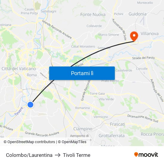 Colombo/Laurentina to Tivoli Terme map