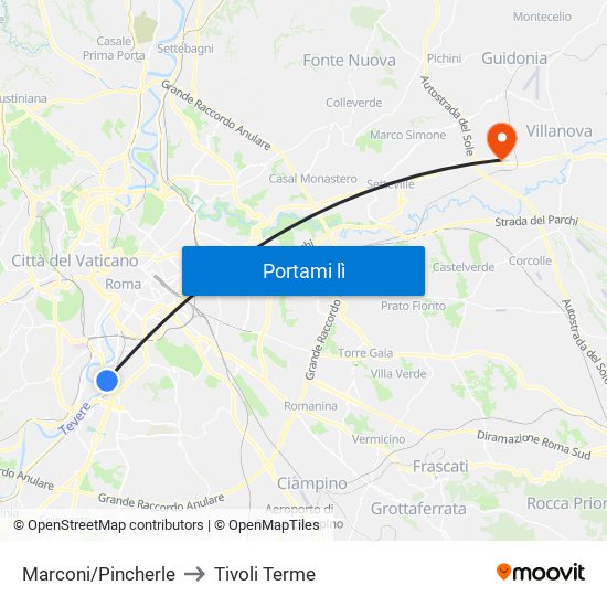 Marconi/Pincherle to Tivoli Terme map