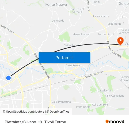 Pietralata/Silvano to Tivoli Terme map
